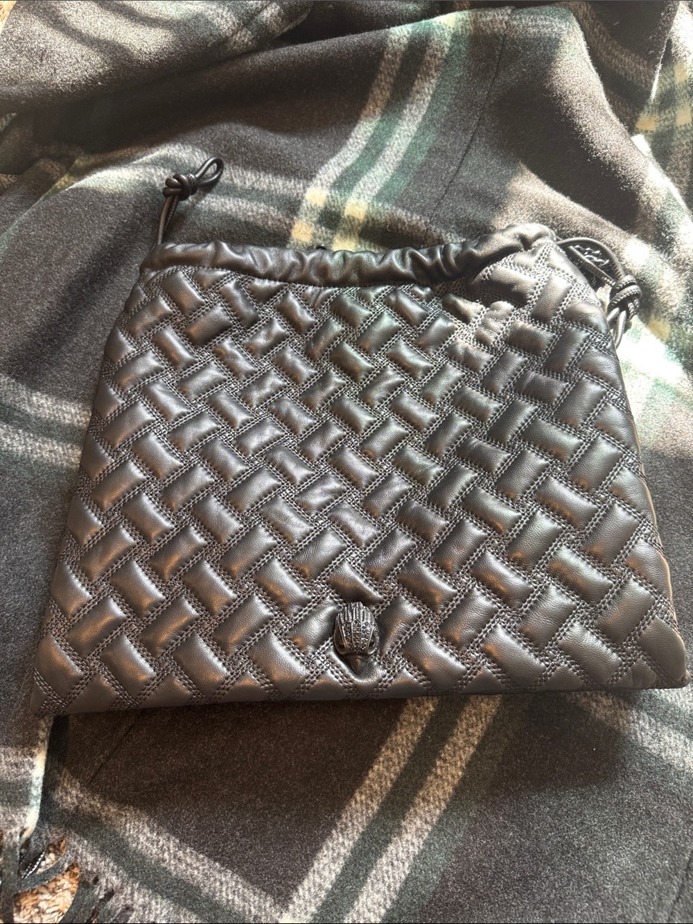 Kurt Geiger Kensington Quilted Black Leather Drawstring Crossbody Bag